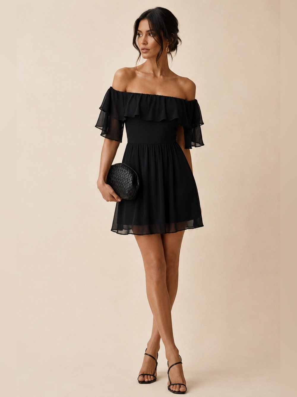 Reformation Black Off-the-Shoulder Sheer Mini Dress Feminine Flowy Cocktail Sz 4